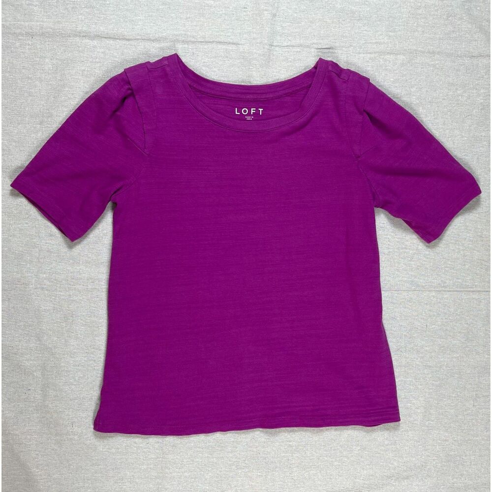 Loft | Purple 100% Cotton Short Puff Sleeve Knit Top | Medium